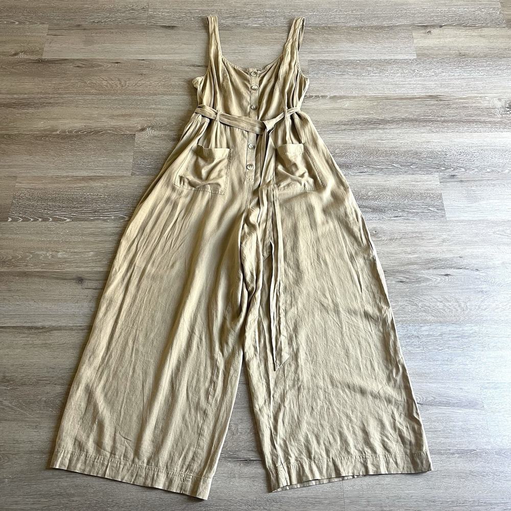 American Eagle Linen Blend Jumpsuit XL Tan Tie Waist Pockets Cropped Buttons NWT - Picture 2 of 11